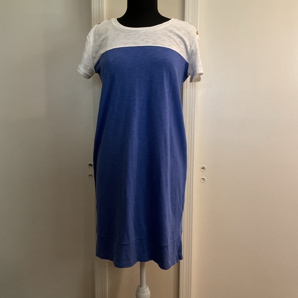 Nicole Miller T-Shirt Dress Blue White Colorblock 100% Cotton Slit Midi Mini